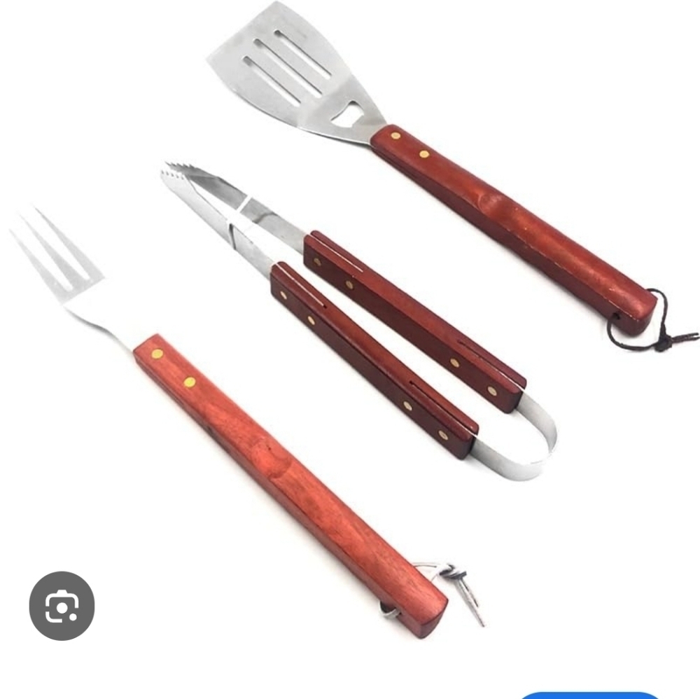 Grilling BBQ Tool Set With Wooden Handles NEW Spatula Fork Tongs